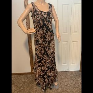 Ladies sleeveless  black floral maxi dress with ruffle layers. NWT size 12